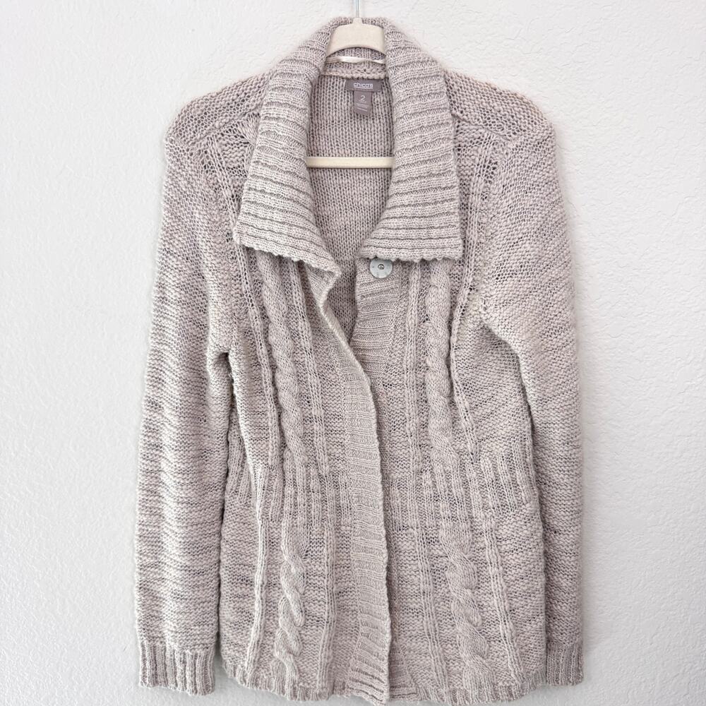 Chico's Womens Cardigan Sweater Size L Wool Blend Shawl Neck Cable Neutral Tan